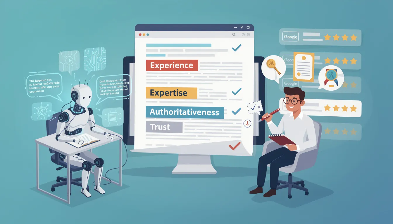 The image depicts a person sitting at a desk, analyzing AI-generated content on a computer screen, surrounded by notes and books on content marketing and SEO. This scene highlights the importance of human oversight in maintaining content quality and expertise, as emphasized by Google's quality raters in their guidelines for creating high-quality content.