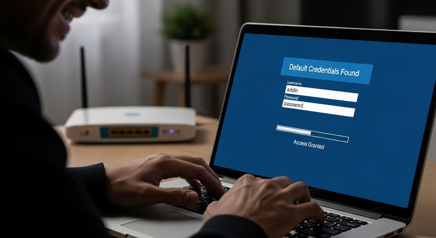 Default router login credentials displayed on screen with a hacker easily gaining access, symbolizing poor security practices.