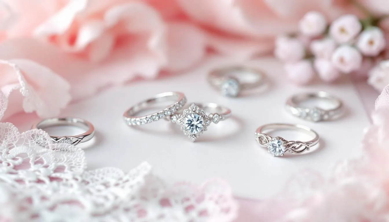 Different styles of silver engagement rings displayed together.