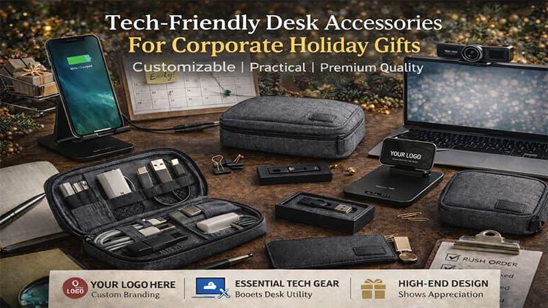 Tech-friendly desk gifts: phone stand, cable organizer, wireless charging stand, tech pouch.