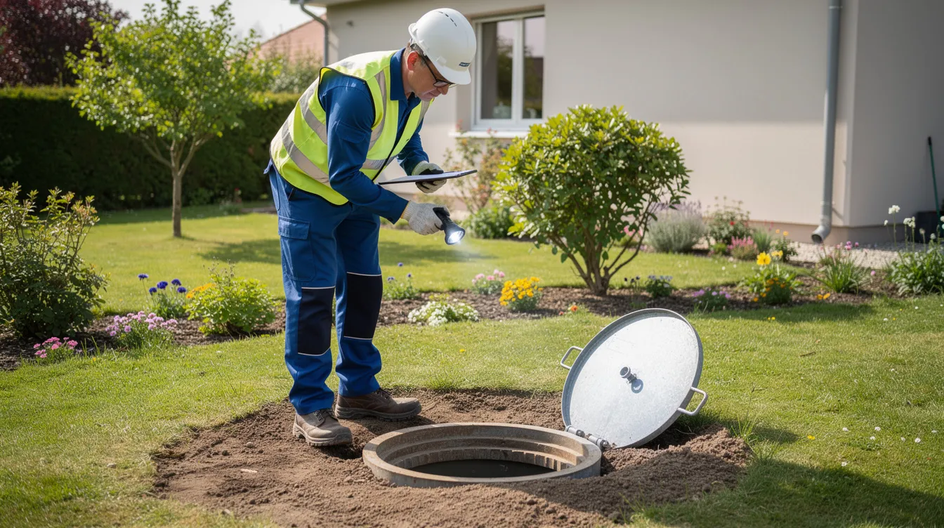 Un technicien inspecte une cuve enterrée dans un jardin, vérifiant son fonctionnement pour le traitement des eaux usées domestiques. Ce processus est essentiel pour assurer un assainissement non collectif efficace et préserver le milieu naturel.