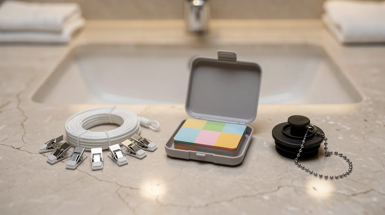 The image shows a collection of travel laundry supplies arranged on a bathroom counter, including a small clothesline, soap sheets, and a rubber sink stopper, perfect for washing clothes while traveling. These essentials help you manage dirty clothes efficiently, allowing for sink washing and quick drying in hotel rooms.