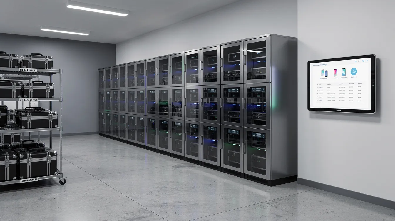 The image shows a professional equipment storage area featuring cloud-connected smart charging lockers, neatly organized along a wall, designed for law enforcement agencies to securely manage body worn cameras and digital evidence. This setup ensures accountability and supports investigations by providing a reliable means for officers to store and charge their devices while maintaining the integrity of recorded footage.