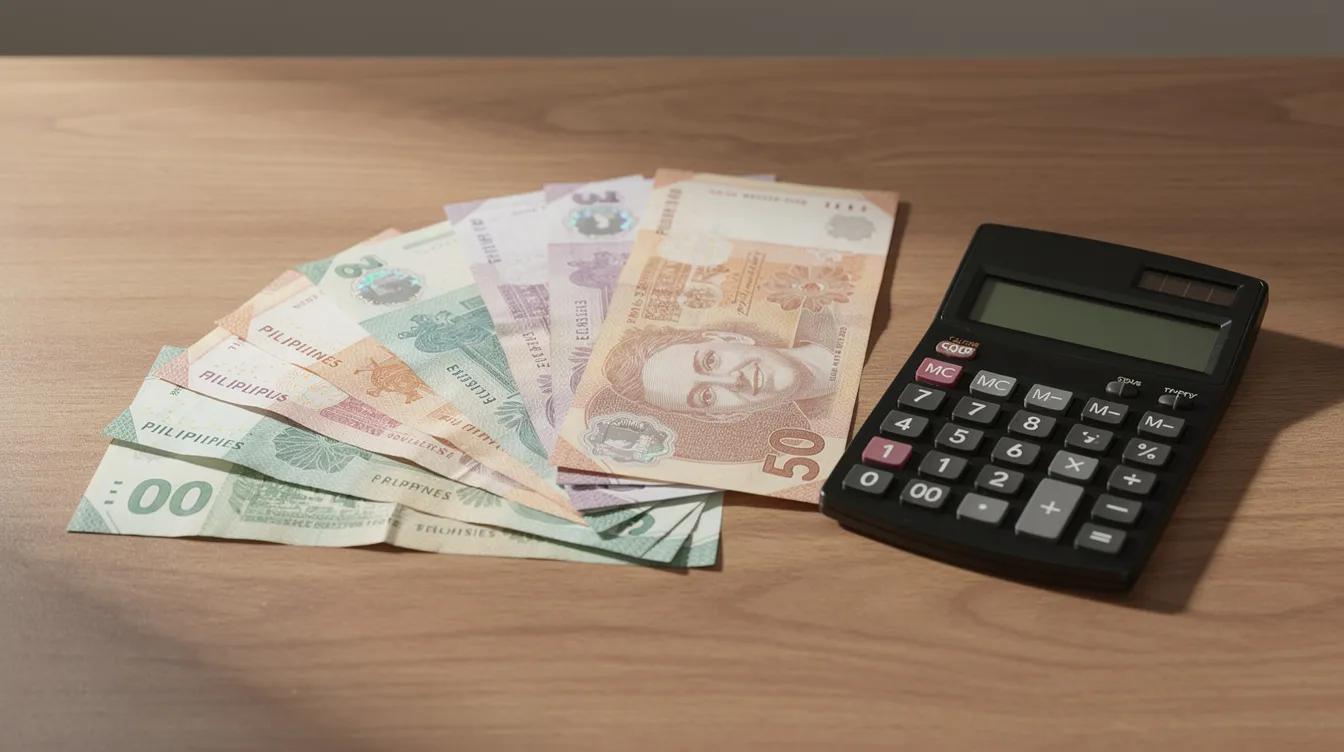 The image shows Philippine peso bills fanned out on a wooden table beside a calculator, suggesting a focus on managing finances and transactions. This setting highlights the everyday use of cash in the Philippines, where customers may be calculating their savings or budgeting for payments related to their accounts at local banks.