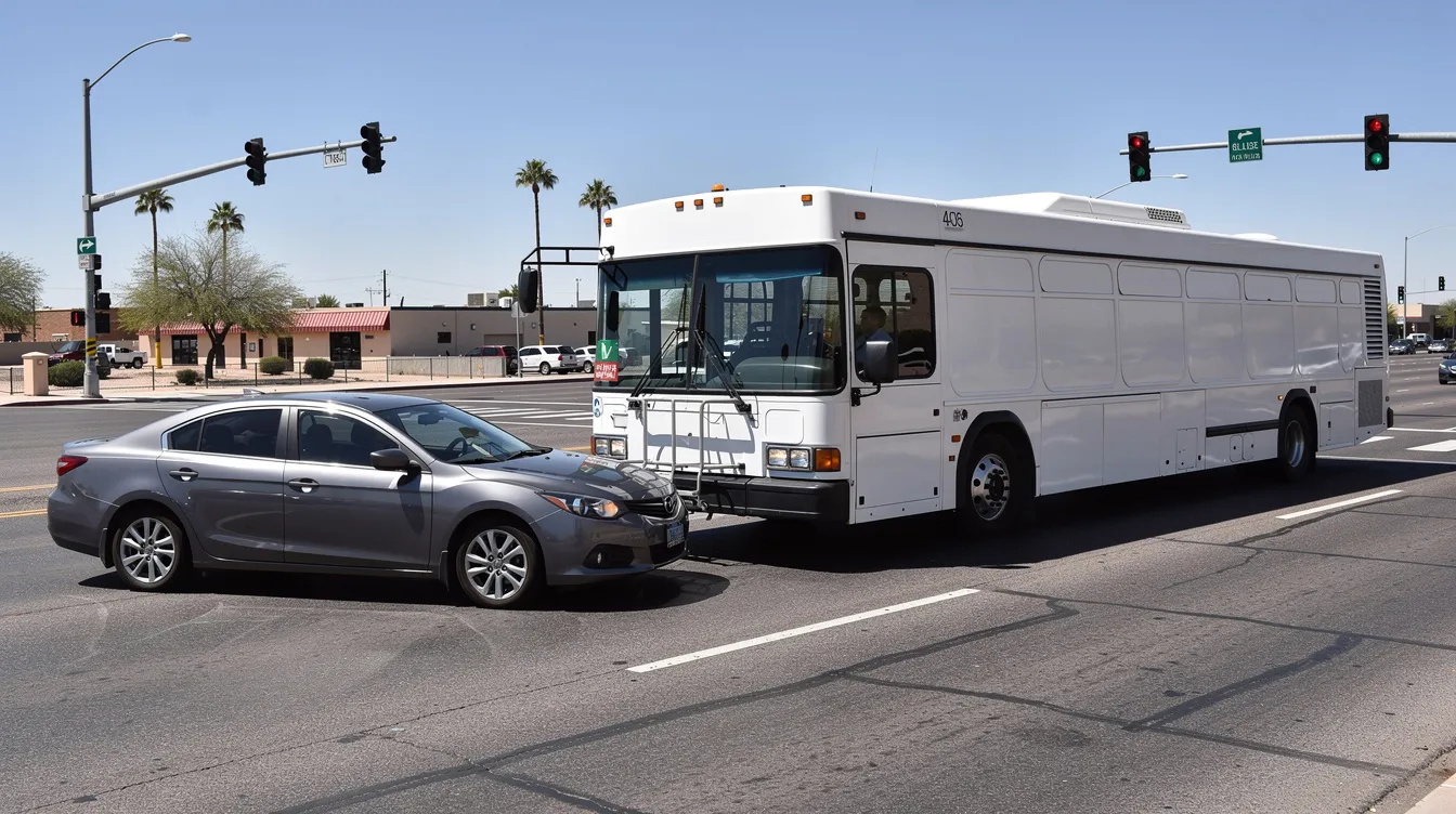 The image depicts a near-collision at a busy Phoenix intersection, featuring a large, plain white city bus braking suddenly as a generic mid-size sedan turns across its path. The scene captures the tense moment of potential impact under bright daylight, with palm trees and low-rise buildings in the background, illustrating the dangers associated with bus accidents in urban settings.