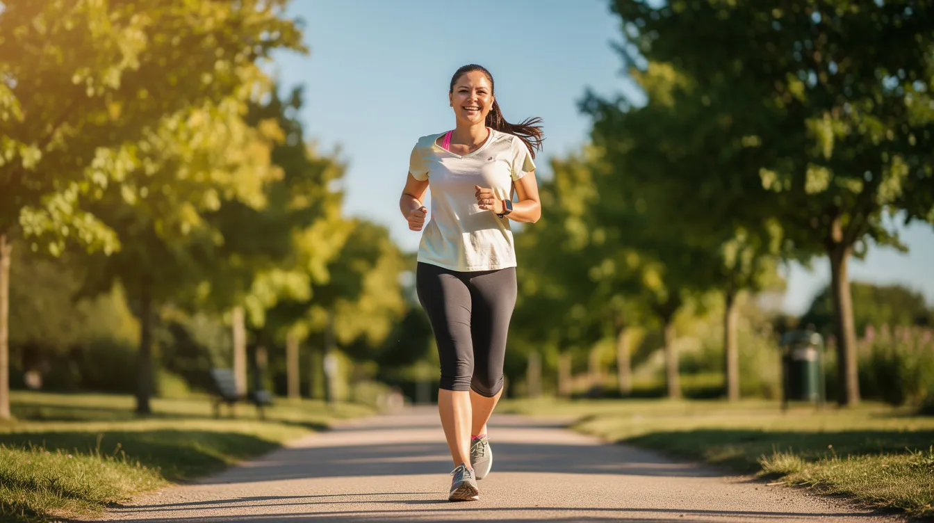 Een persoon wandelt buiten op een zonnig pad, wat een onderdeel is van hun actieve levensstijl. Deze activiteit helpt hen om calorieën te verbranden en spiermassa te behouden, terwijl ze werken aan hun fysieke doelen.