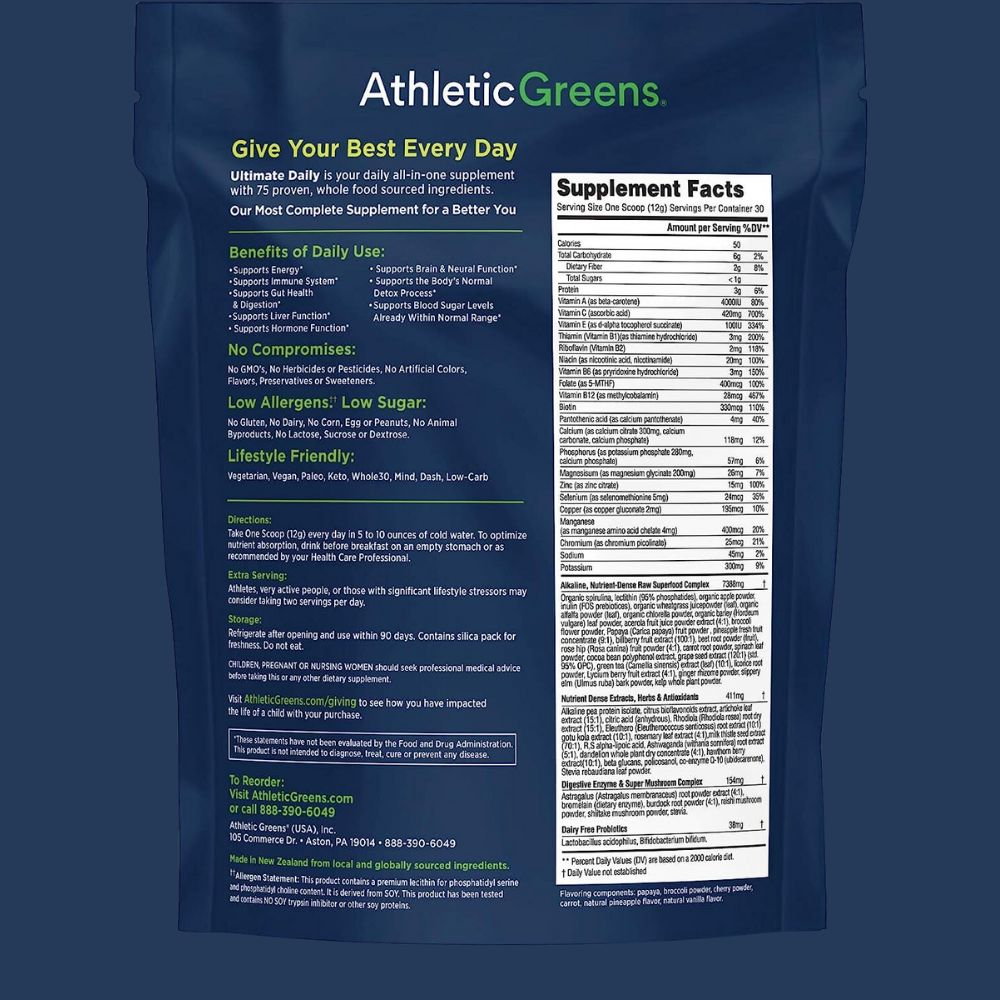Athletic Greens powder with nutrition information