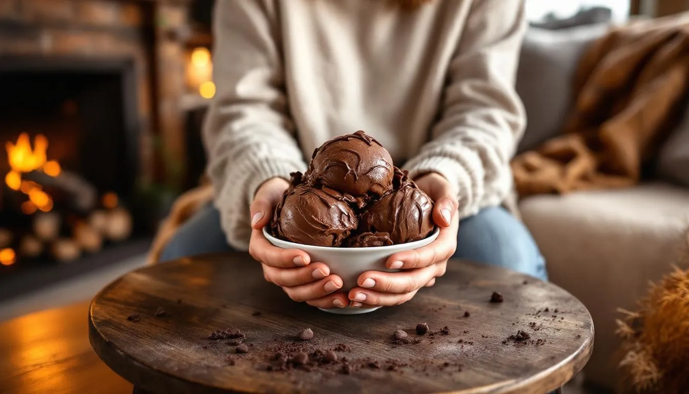 A person is enjoying a bowl of creamy keto ice cream in a cozy setting, highlighting its rich flavor and smooth texture. This tasty treat offers a delicious low carb alternative to regular ice cream, perfect for satisfying a sweet tooth on a keto diet.