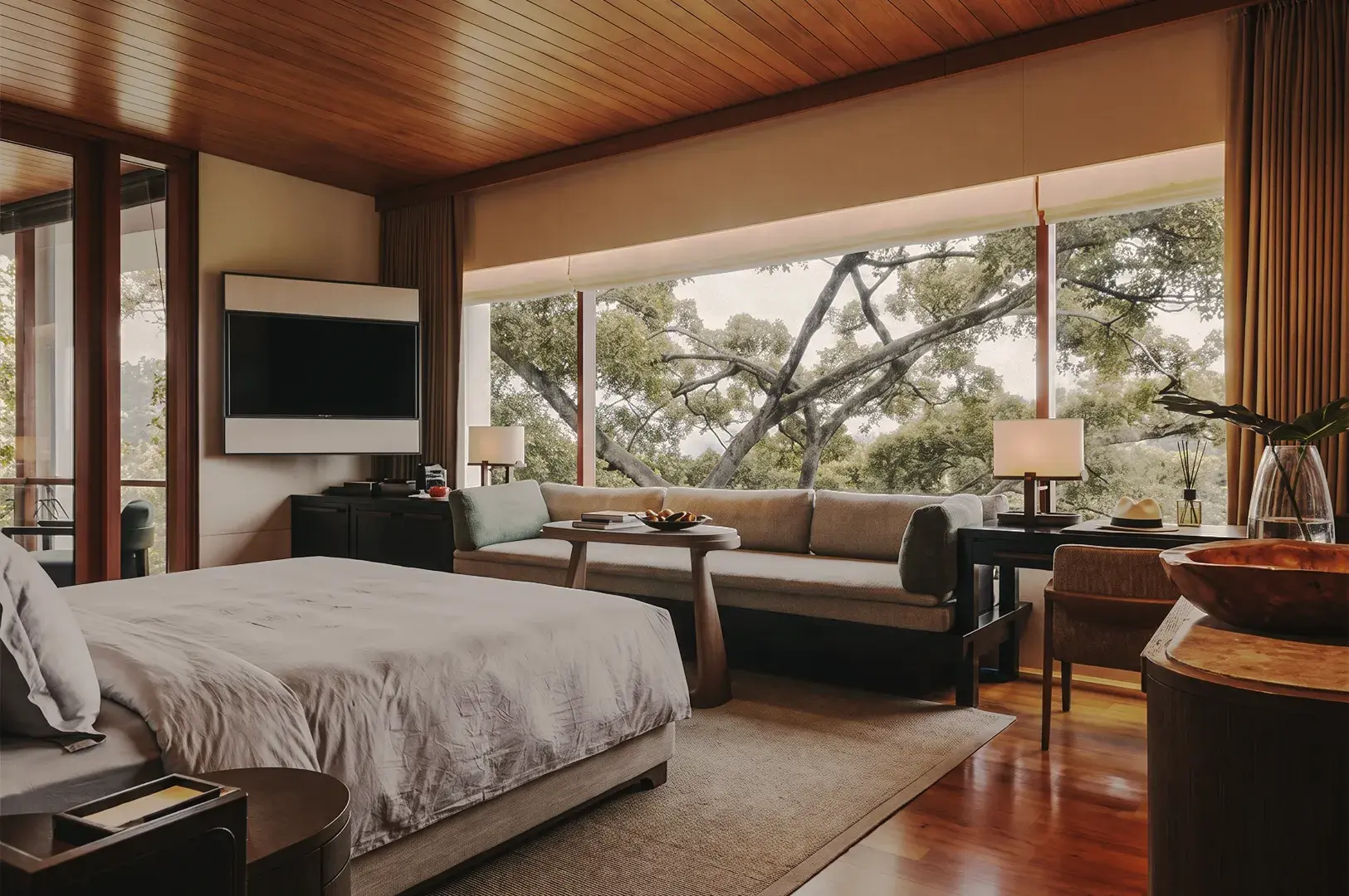 Premium hotel guest room with floor-to-ceiling windows, nature views, modern furnishings, and spacious luxury accommodation