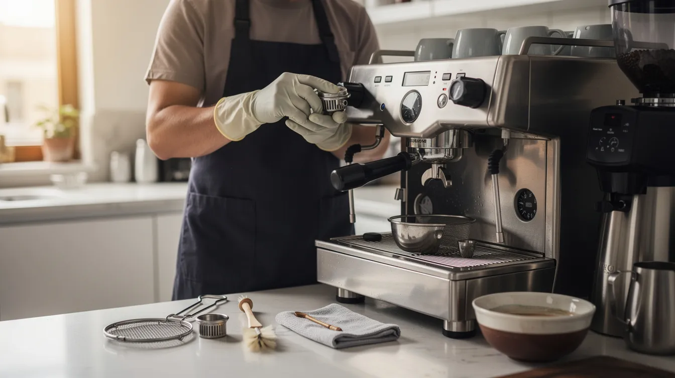 Una persona está realizando el mantenimiento y limpieza de una máquina de café espresso en una cocina, asegurándose de que el acero inoxidable brille y funcione correctamente para preparar deliciosas bebidas como café con leche y capuchinos. La escena muestra un ambiente ordenado y equipado con accesorios de café, destacando la importancia del cuidado de estos electrodomésticos para obtener resultados óptimos en la extracción del café.