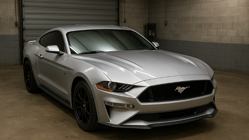 A Mustang having windows wrapped with silver window tint film