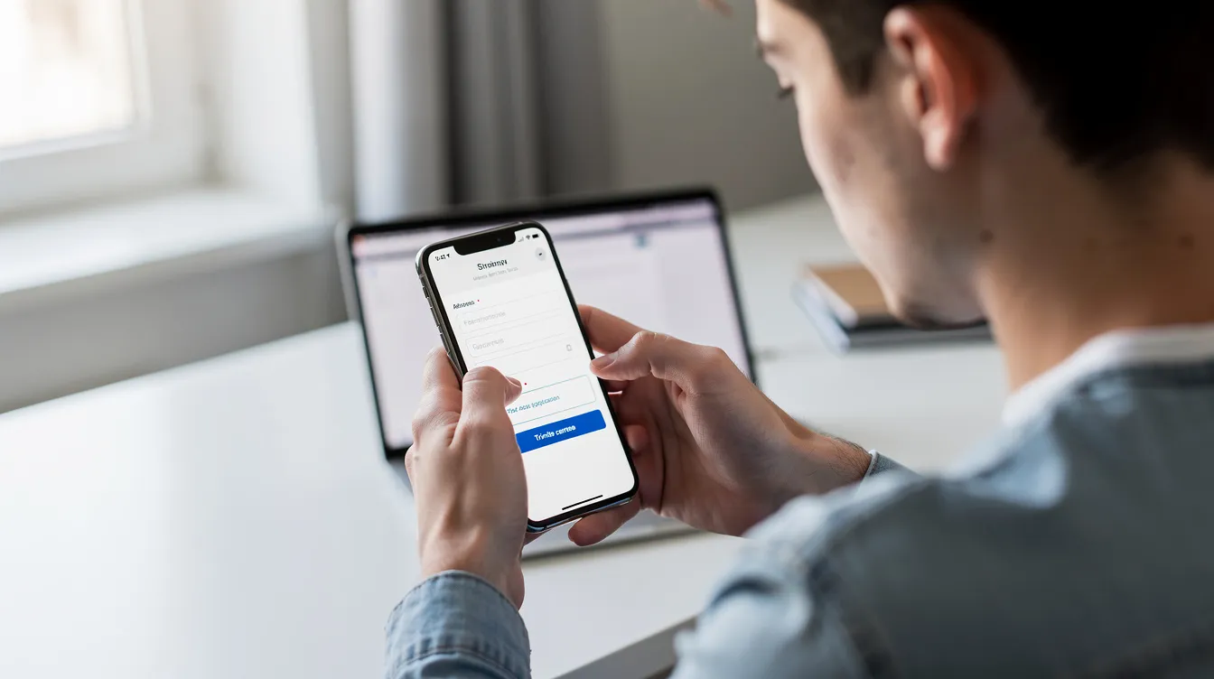O persoană tânără folosește telefonul mobil pentru a completa o cerere online de credit rapid, navigând printr-un formular simplu și urgent, destinat nevoilor personale de finanțare. Aceasta poate include informații despre suma împrumutată și venitul lunar, pentru a obține un răspuns rapid în câteva minute.