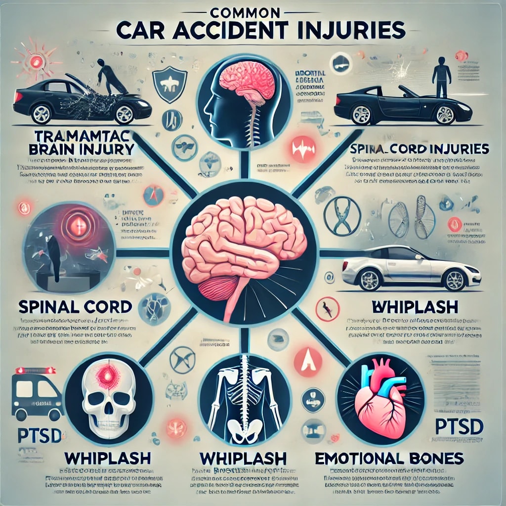 Various injuries associated with car accidents.