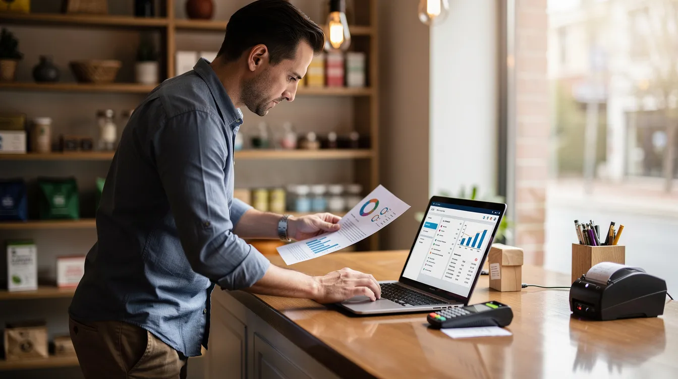 An entrepreneur is seated at a small shop counter, intently reviewing financial documents on a laptop. The scene reflects the essence of small business owners preparing their project report for a bank loan, highlighting the importance of business plans and cash flow statements in securing funding.