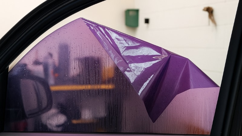 A damaged and faded tint is peeling off