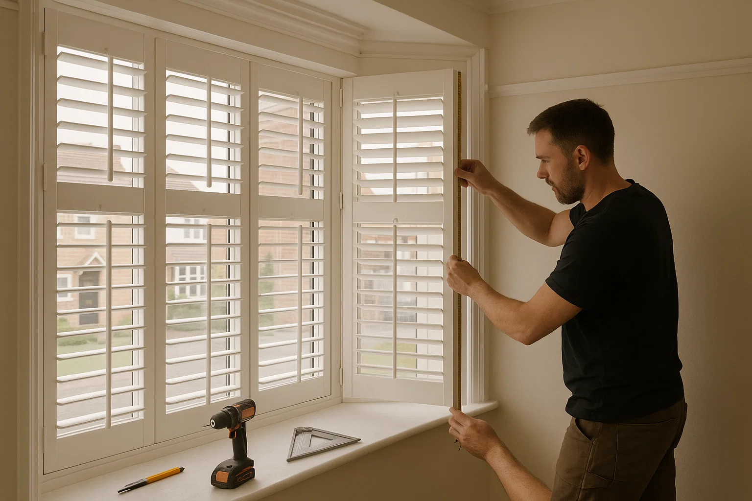 Professional installation of bay window plantation shutters in a UK home