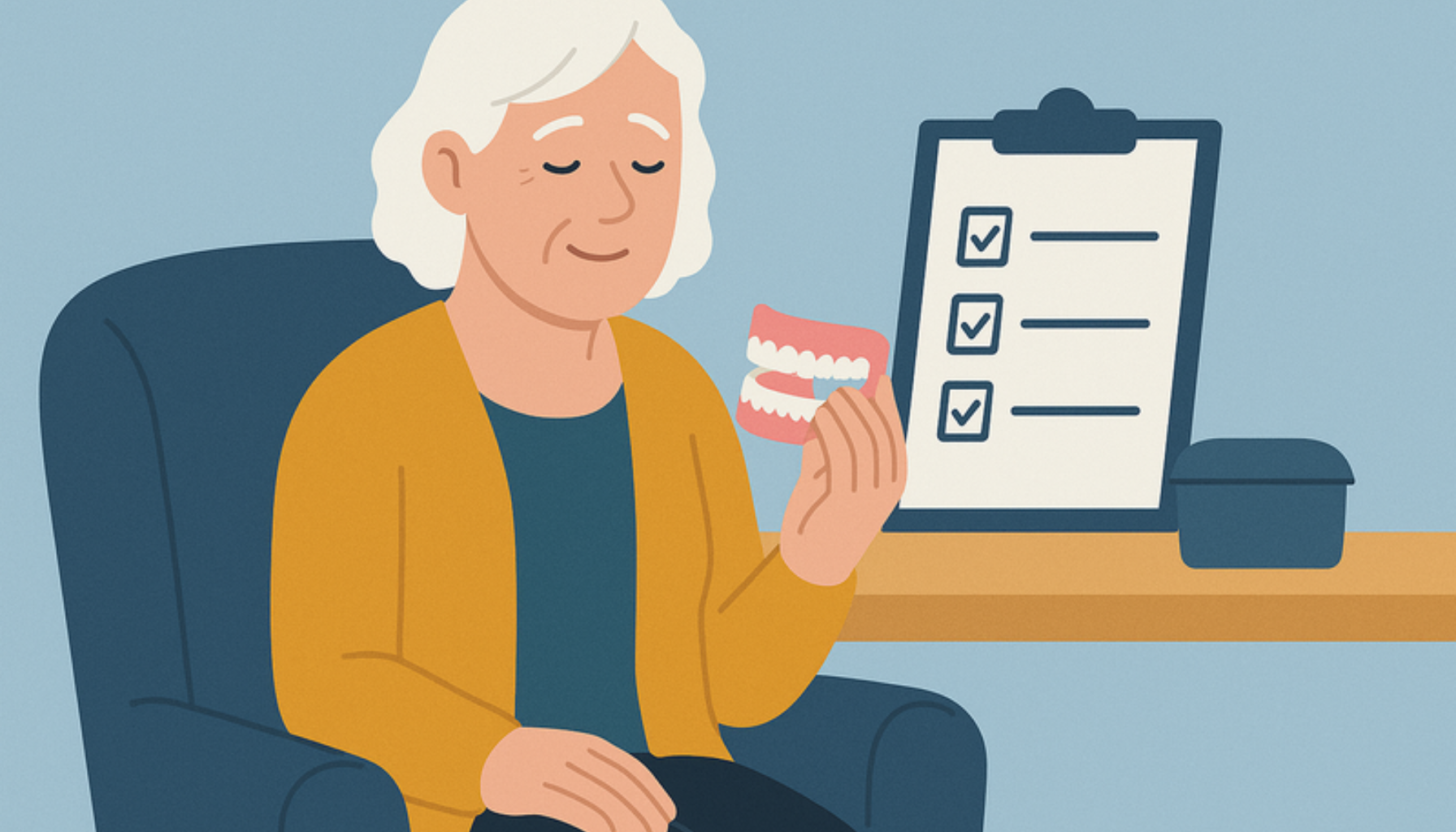 Eldre kvinne holder tannprotese med rolig uttrykk, sitter i stol ved bord med sjekkliste og enkel oppbevaringsboks.