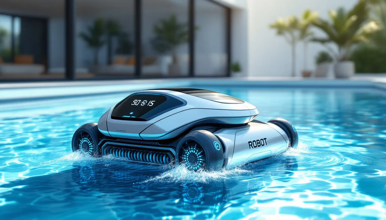 A robotic swimming pool cleaner working in a sparkling clean pool.