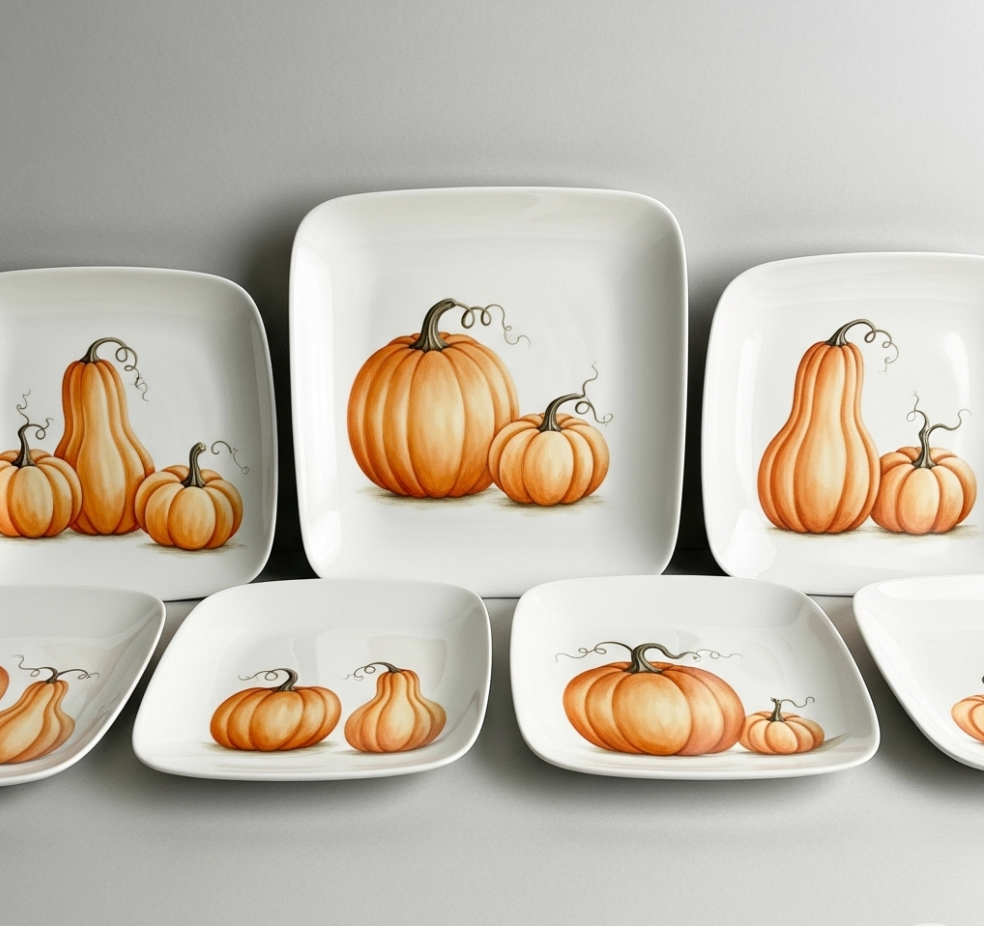 Thanksgiving essentials, thanksgiving tablescape, white square plates at an affordable price with a pumpkin featured on the front. looks hand crafted