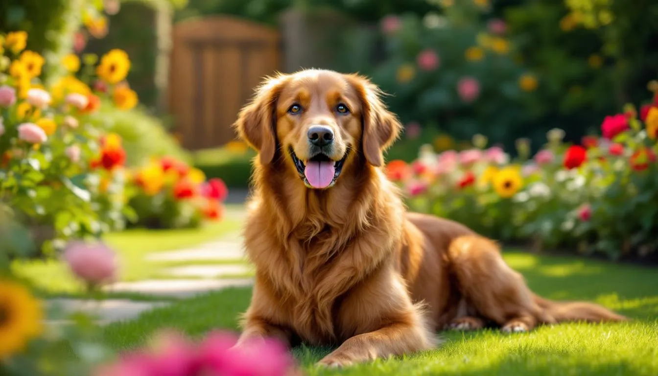 A beautiful brown dog with a rich chocolate coat is sitting peacefully in a sunny garden, surrounded by vibrant greenery. This furry friend exudes a calm and playful personality, making it a perfect companion for pet lovers and families alike.