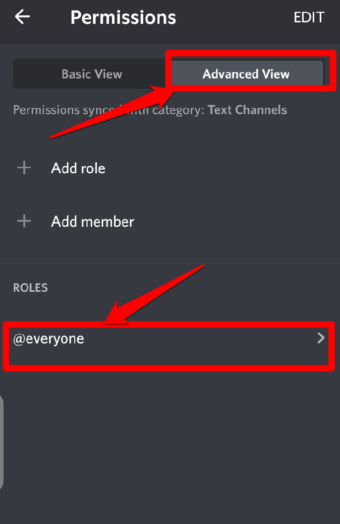 Picture showing the permissions menu on Discord mobile app