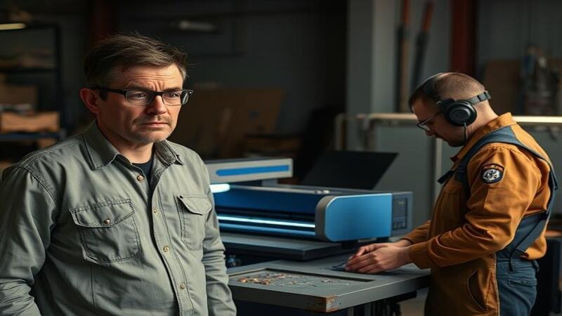 A frustrated operator next to a broken laser cutter with no service in sight. A second scene shows a technician helping on-site.