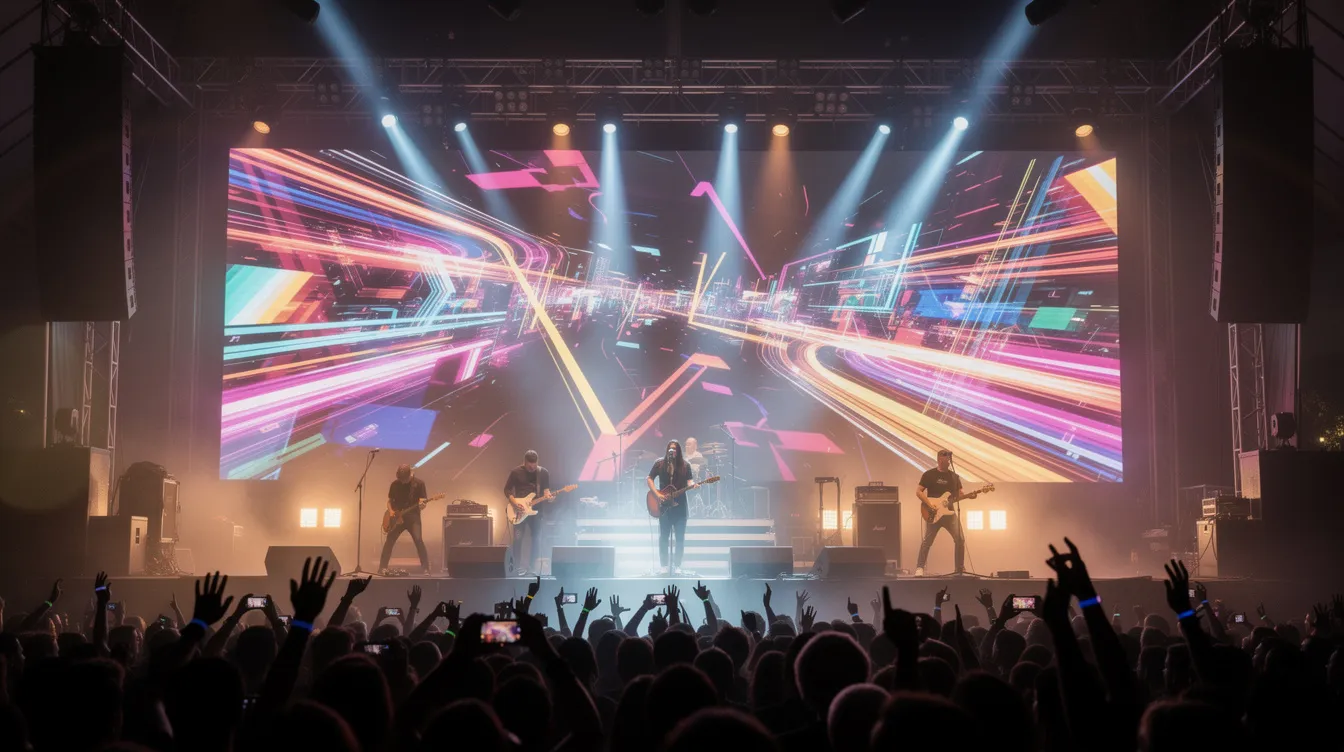 The image depicts a vibrant concert stage featuring a large LED video wall displaying colorful motion graphics, creating an immersive visual experience behind a band performing under dynamic stage lights. An enthusiastic audience is visible in the foreground, engaged with the live performance, highlighting the event's energetic atmosphere.