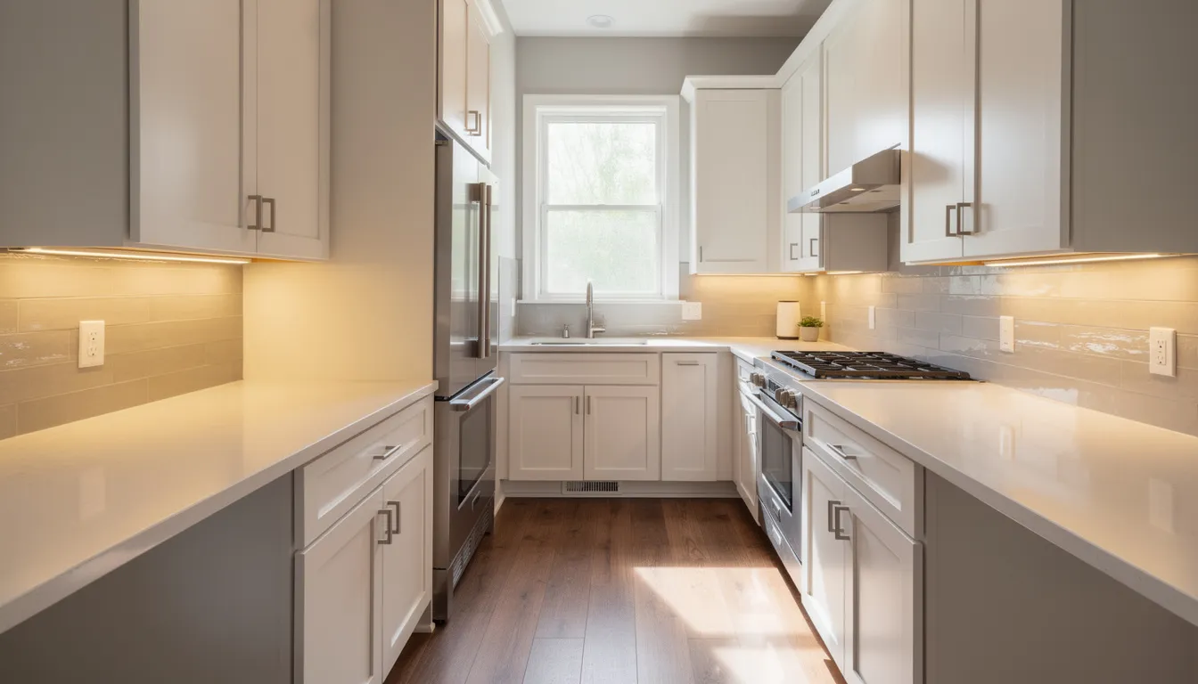 The image depicts a bright galley kitchen featuring sleek white cabinets and warm LED under-cabinet lighting that enhances the light quartz countertops. This beautiful space maximizes storage and counter space, creating an inviting atmosphere ideal for cooking and family gatherings.