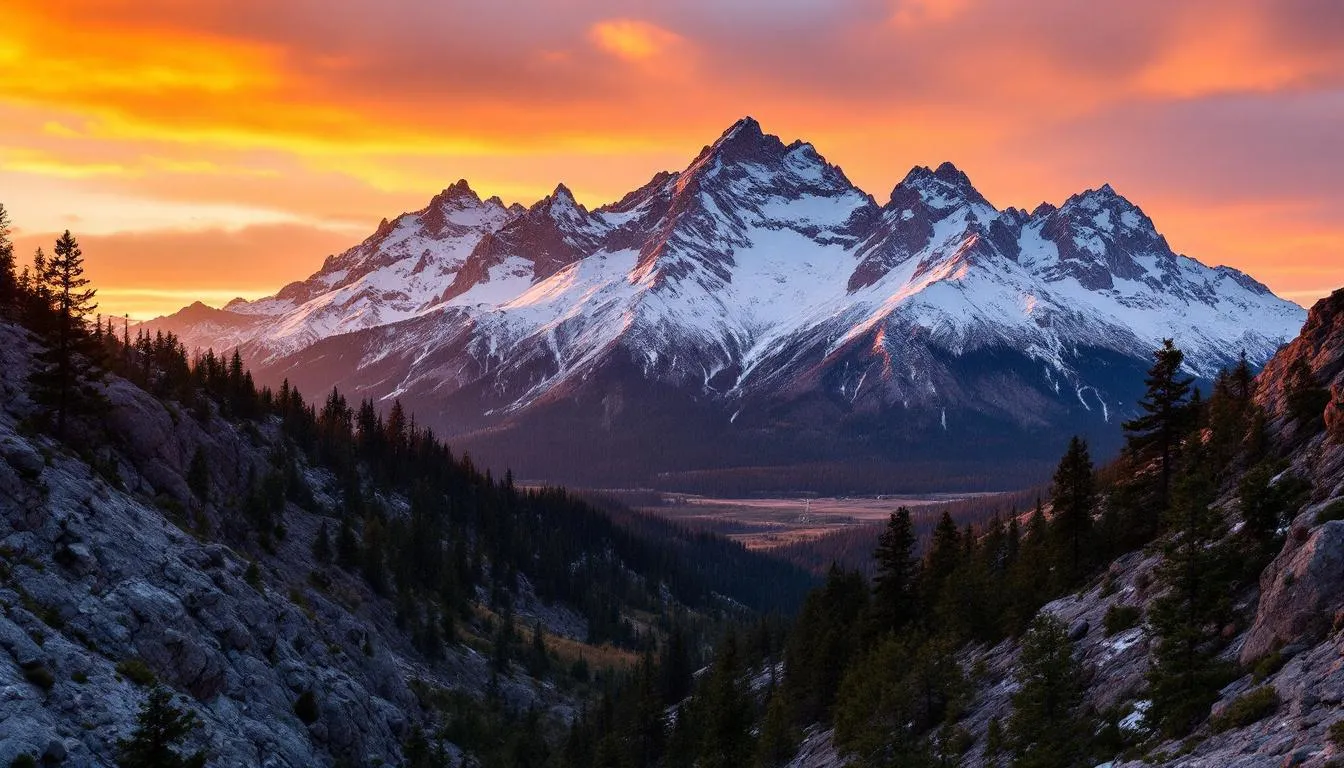 The image captures a breathtaking mountain view from Denver at sunset, with vibrant hues of orange and purple illuminating the sky above the rugged peaks. This serene landscape evokes a sense of peace, reminiscent of the calming effects often sought in mental health treatments like ketamine assisted psychotherapy for those facing challenges such as treatment resistant depression or PTSD.