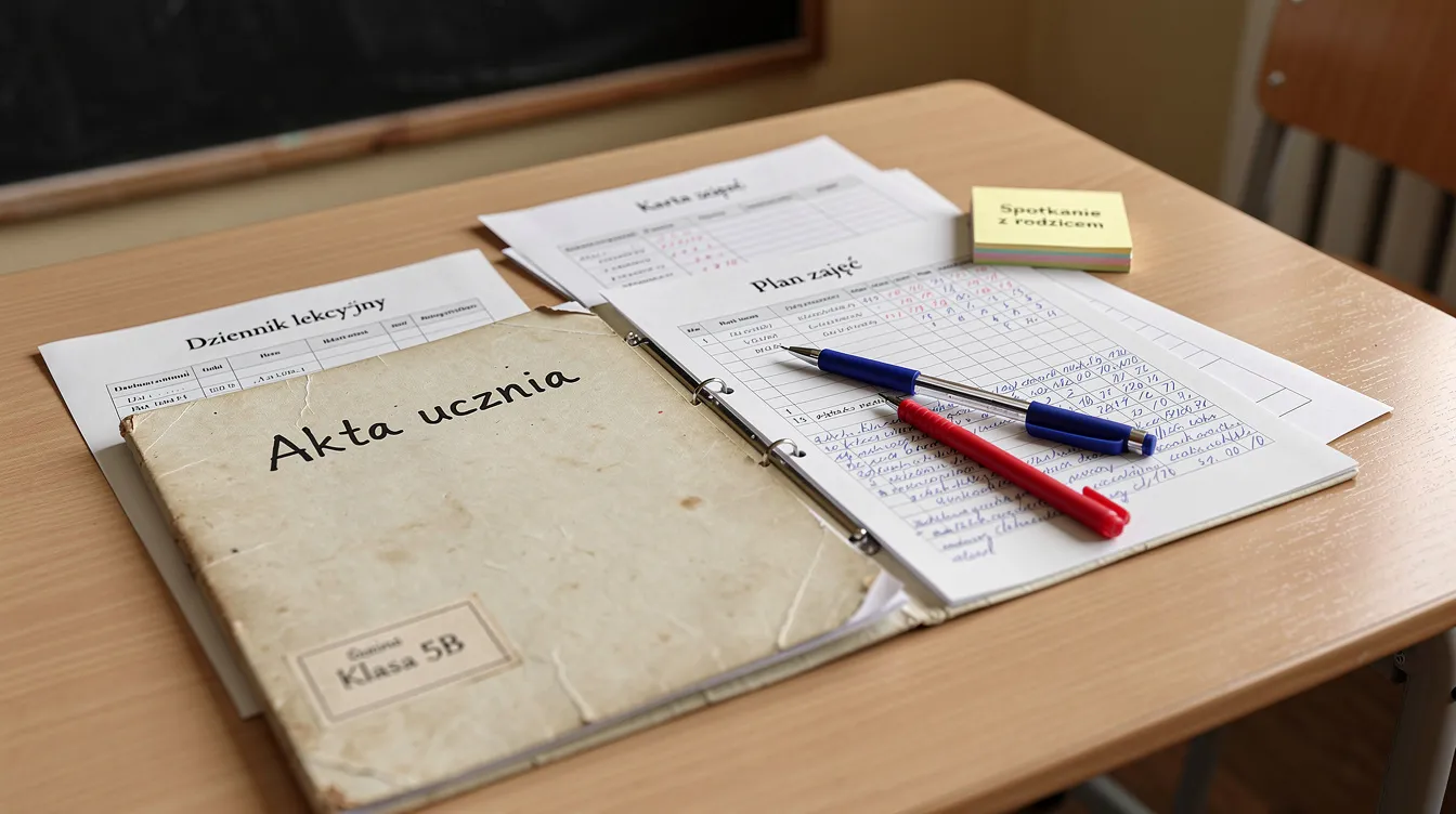 Na biurku nauczyciela leżą dokumenty szkolne oraz teczka z aktami ucznia, kt&oacute;re mogą zawierać wnioski wychowawcy dotyczące niepromowania ucznia klasy w danym roku szkolnym oraz opinie rodzic&oacute;w ucznia. W tle widać r&oacute;wnież elementy szkolnego otoczenia, takie jak zeszyty i przybory do pisania.