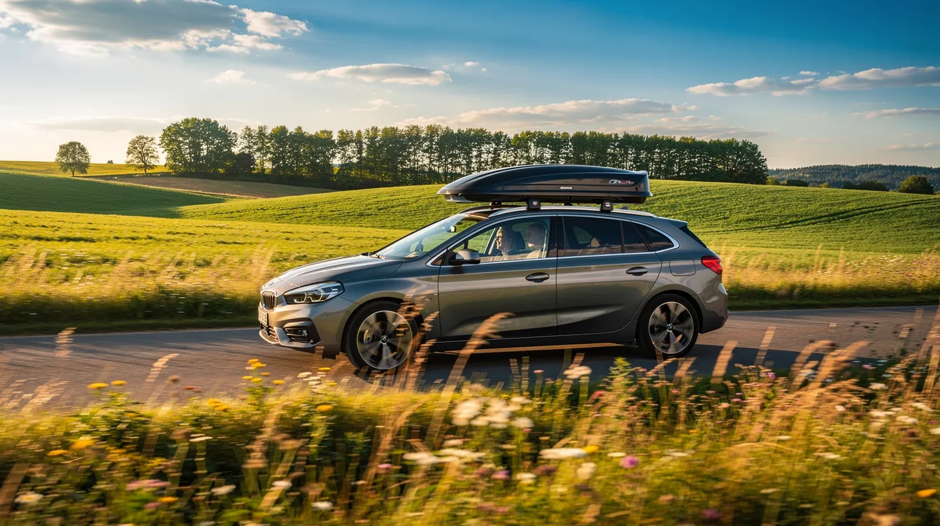 A car with a roof box is driving through a picturesque countryside on a sunny summer day, symbolizing the excitement of a summer road trip. This image highlights the importance of preparing your car for a long journey, ensuring proper tyre pressure and maintenance checks for a smooth and enjoyable ride.