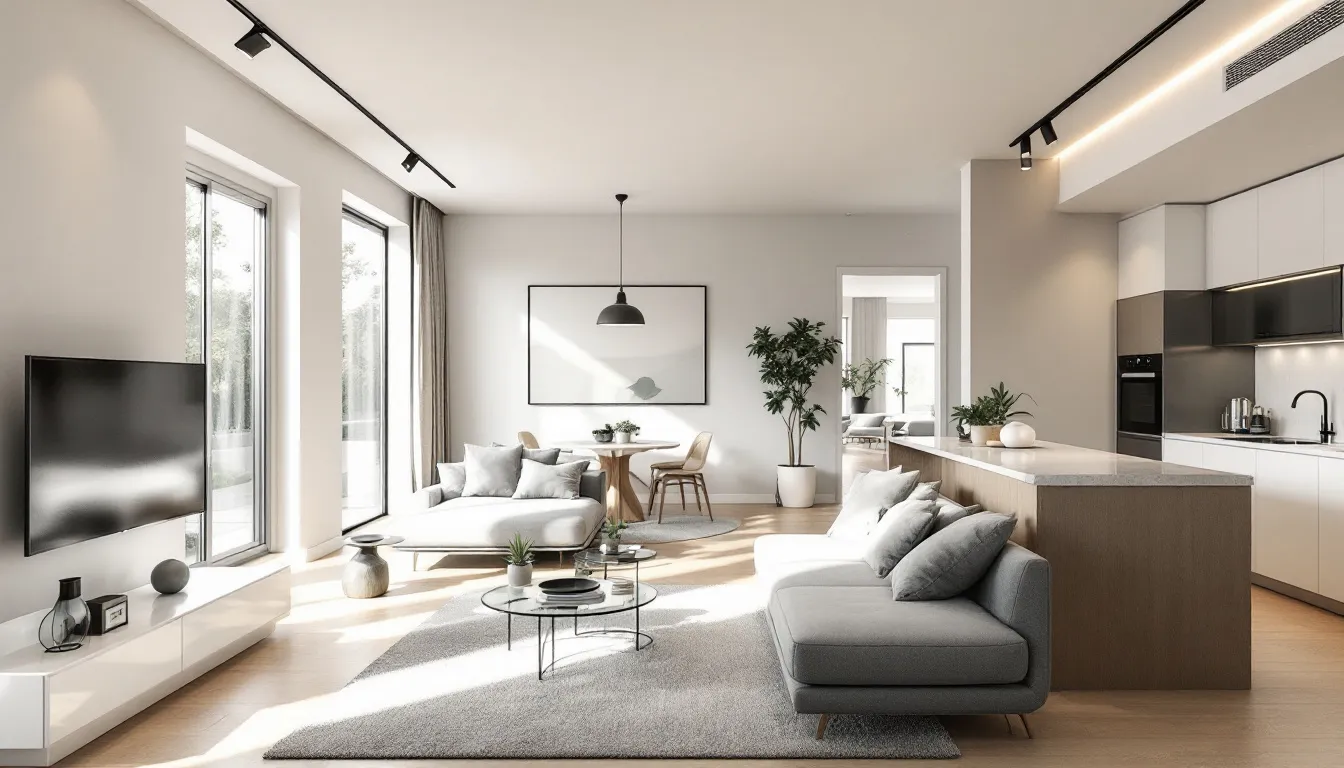 Um apartamento moderno e recém-reformado, com uma decoração minimalista e elegante, apresenta um ambiente iluminado e arejado. As paredes têm tons neutros, e o mobiliário contemporâneo destaca-se, refletindo o valor de mercado e a valorização do imóvel no setor imobiliário.