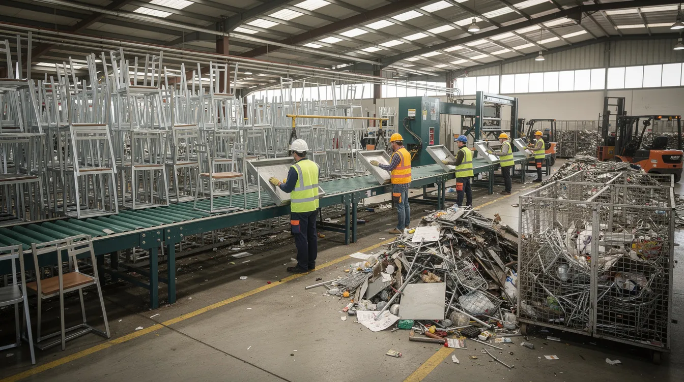 Workers sorting metal furniture frames and recyclable materials at a processing facility