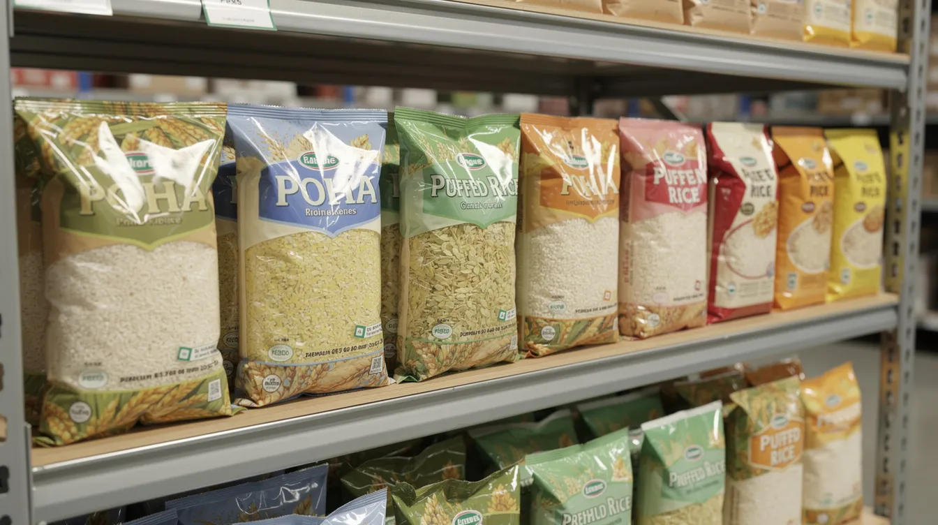 ef61f7f6 e247 4e18 a188 73f93f2df0bf The image depicts a well-organized warehouse shelf displaying a variety of rice products, including pouches of poha, puffed rice, and branded rice, highlighting the diverse range of rice-based products available in the market. This arrangement reflects the importance of sustainable farming practices and food processing in supporting local communities and enhancing food security.