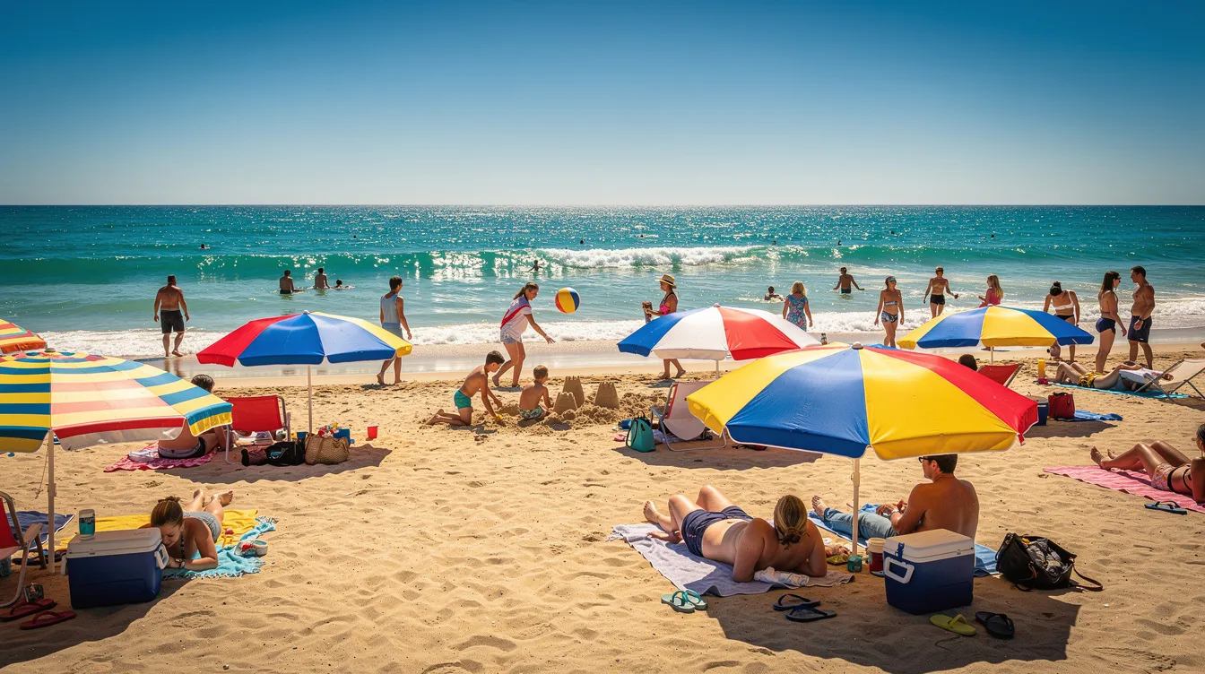 A vibrant beach scene shows people relaxing under colorful umbrellas, enjoying the sunny weather along the Atlantic coast. The warm summers and mild temperatures typical of Casablanca's climate create a perfect atmosphere for visitors to soak up the sunshine.