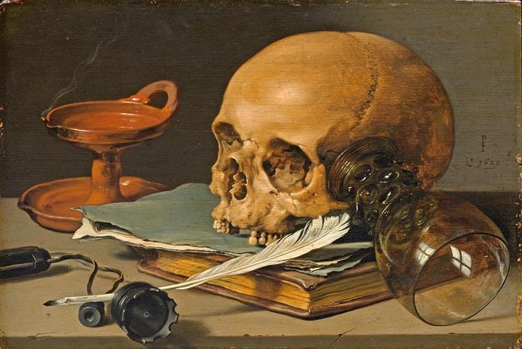 Still Life with Skull and Writing Quill (Pieter Claesz, 1628)