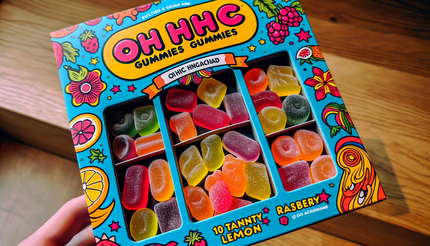 Detailed view of a pack of 10 OH HHC gummy bears with different flavors.