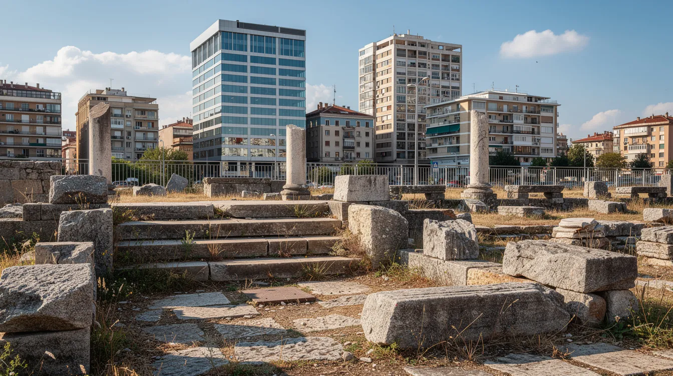 The image features ancient stone ruins prominently in the foreground, while modern buildings of downtown Mexico City rise in the background under a clear blue sky. This juxtaposition highlights the rich history of the Aztec Empire alongside the urban landscape of the capital city, La Ciudad de México.