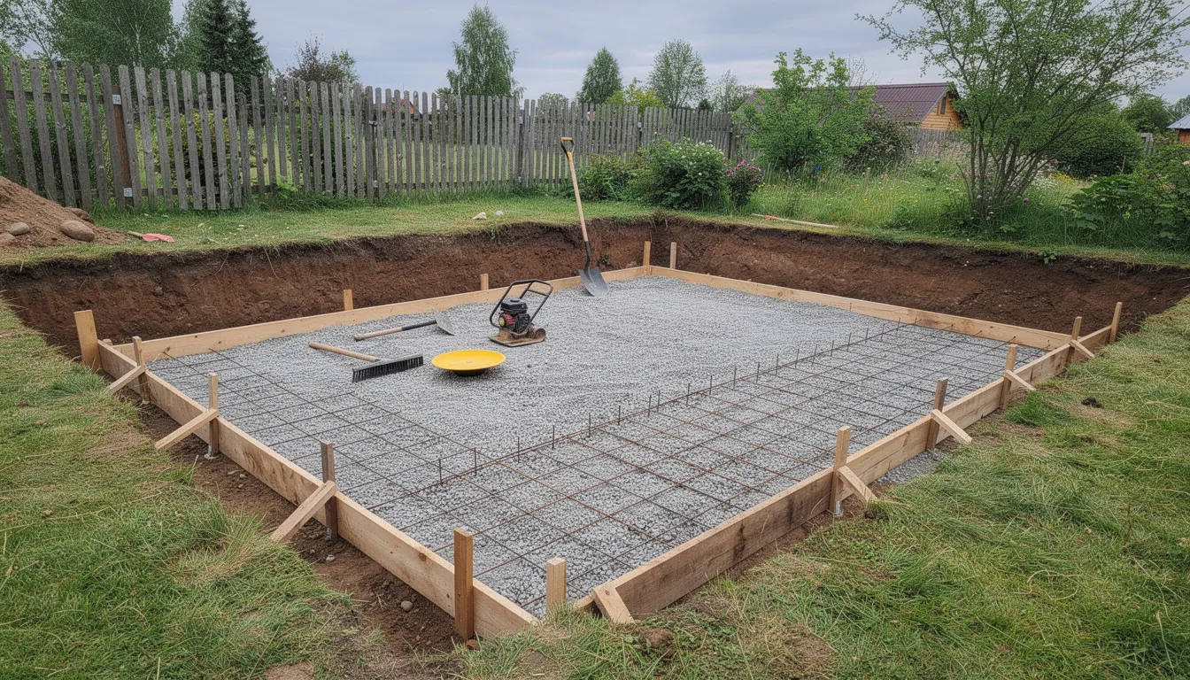 The image depicts the foundation preparation for an outdoor sauna installation, showcasing an excavated area filled with gravel to create a solid base. This step is crucial for ensuring the structural integrity of the sauna structure, allowing for proper ventilation and preventing moisture issues during use.