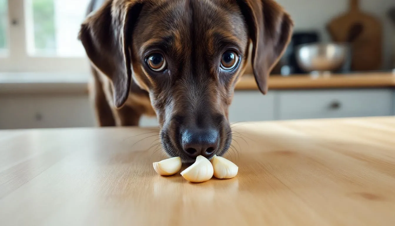 A curious dog is intently gazing at several garlic cloves placed on a kitchen counter, highlighting the potential risks of garlic consumption for dogs, as garlic can be toxic to them and may lead to issues like garlic poisoning and hemolytic anemia.