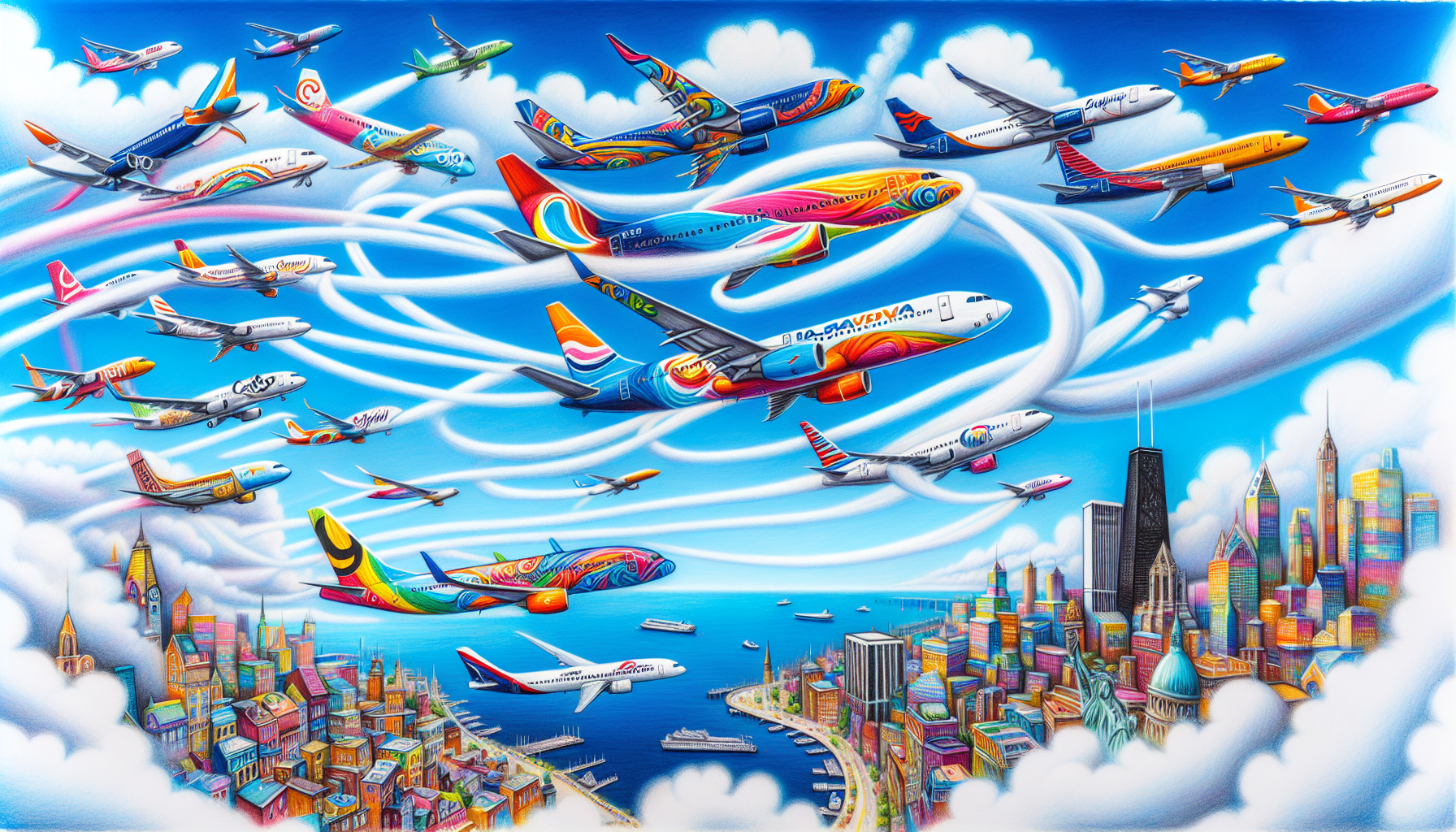 An illustration of popular airlines flying from Baltimore to Chicago.