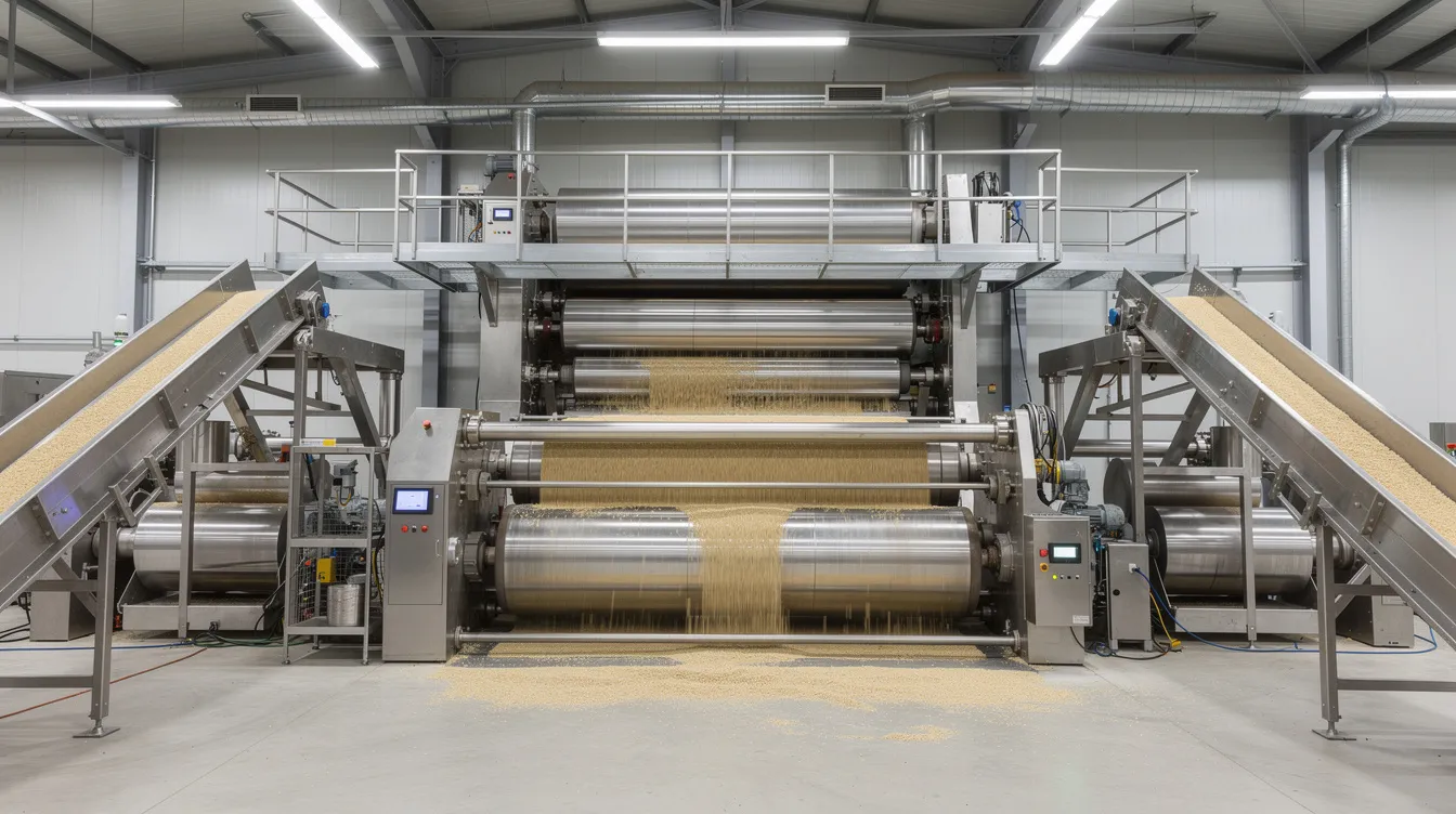 ef697c05 6483 41a0 b63b eb935bb675aa The image depicts advanced industrial rice milling machinery featuring metal rollers and conveyor belts within a modern processing facility, showcasing essential equipment for the rice milling industry. This setup is designed for efficient rice processing, ensuring high-quality output while minimizing power consumption and operational costs.