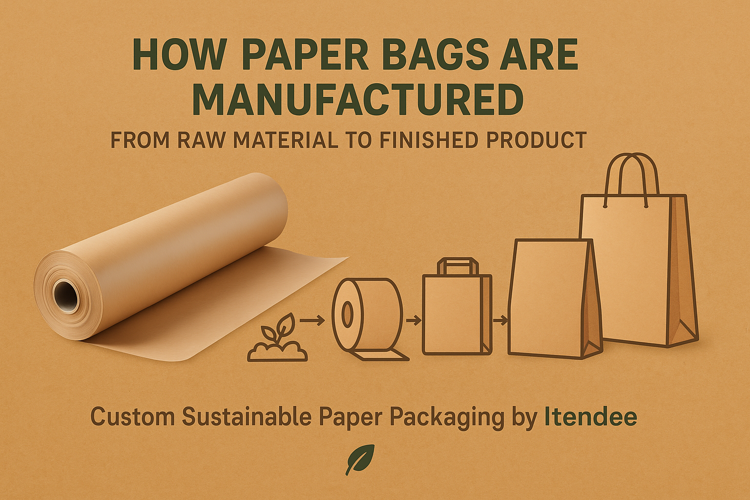 Feature image showing kraft paper roll transforming into different styles of paper bags with the title “How Paper Bags Are Manufactured – From Raw Material to Finished Product.”