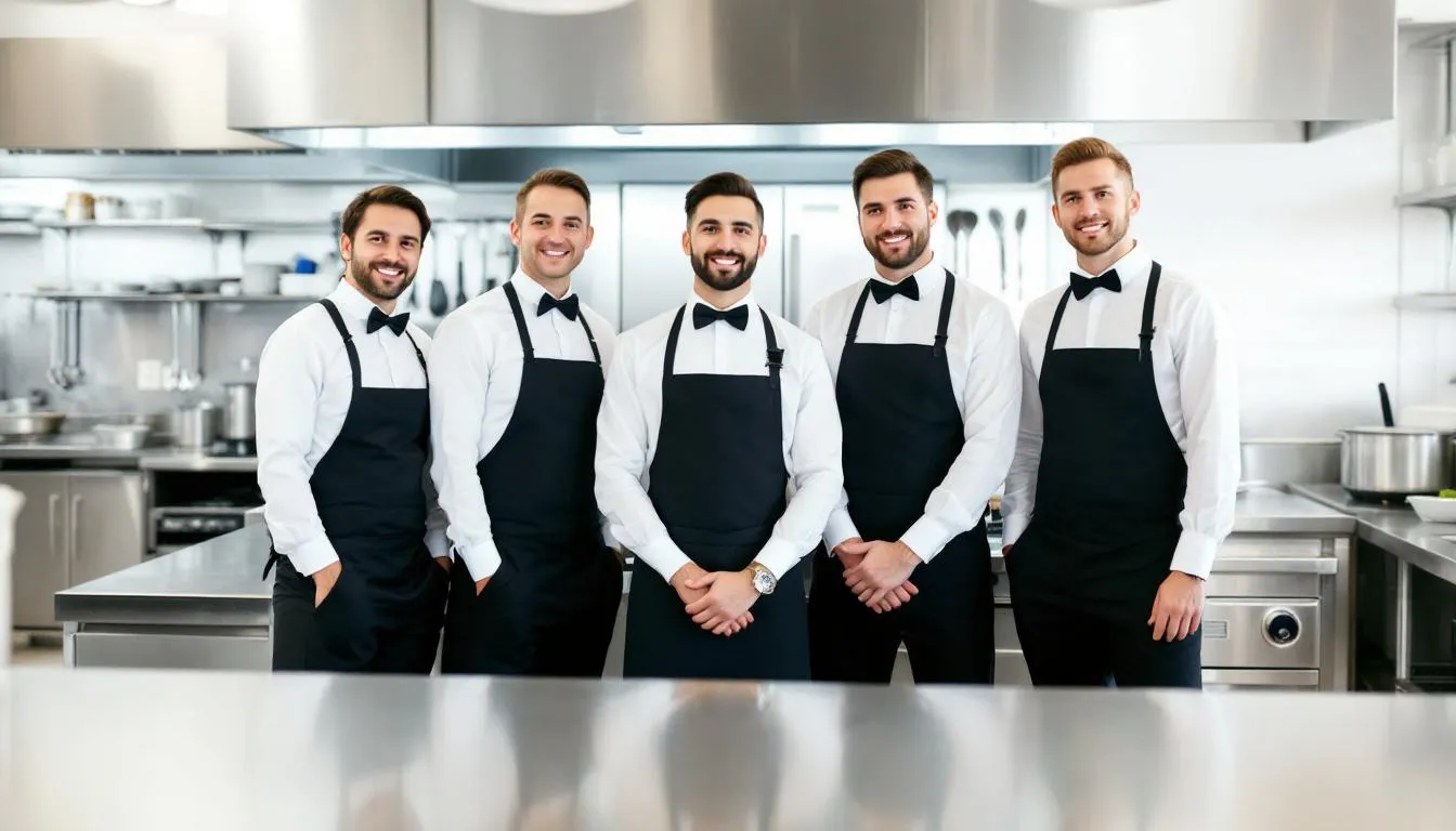 A group of waiters stands together in a restaurant setup, showcasing their uniforms and friendly smiles, representing the dedicated service staff in the dining industry. This image highlights the importance of service charges and tips in offsetting operational costs and ensuring good service in the restaurant environment.