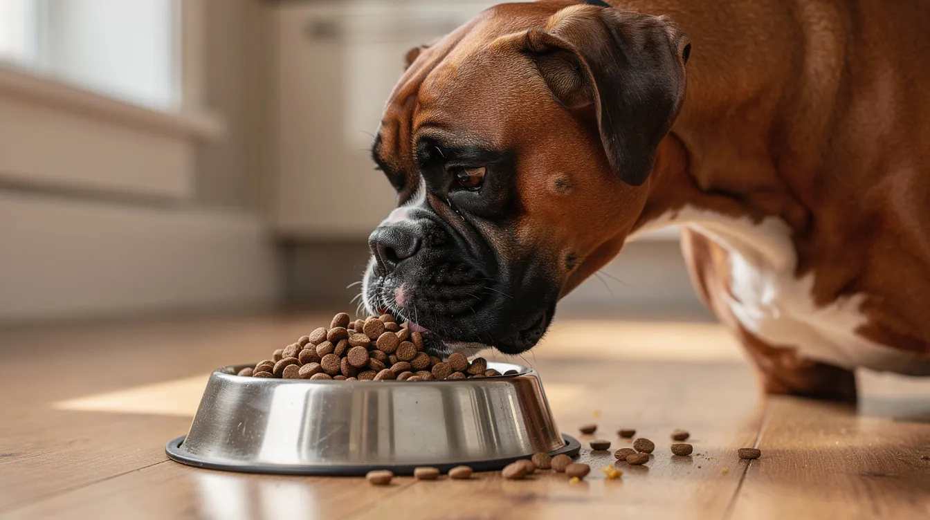 A fawn and white Boxer dog is happily eating high-quality kibble from a dog bowl, showcasing its playful nature and smooth coat. The dog's dark brown eyes reflect its high energy and enthusiasm for mealtime.