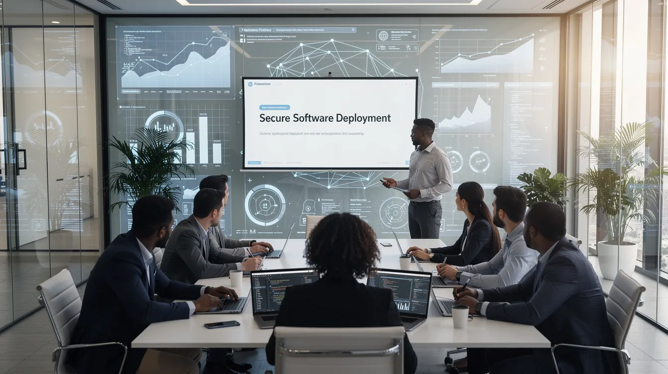 A financial technology team is engaged in a discussion about secure software deployment in a meeting room, focusing on enhancing client management and operational control for forex brokerages. They are exploring comprehensive solutions to streamline processes and ensure compliance while building lasting client relationships.