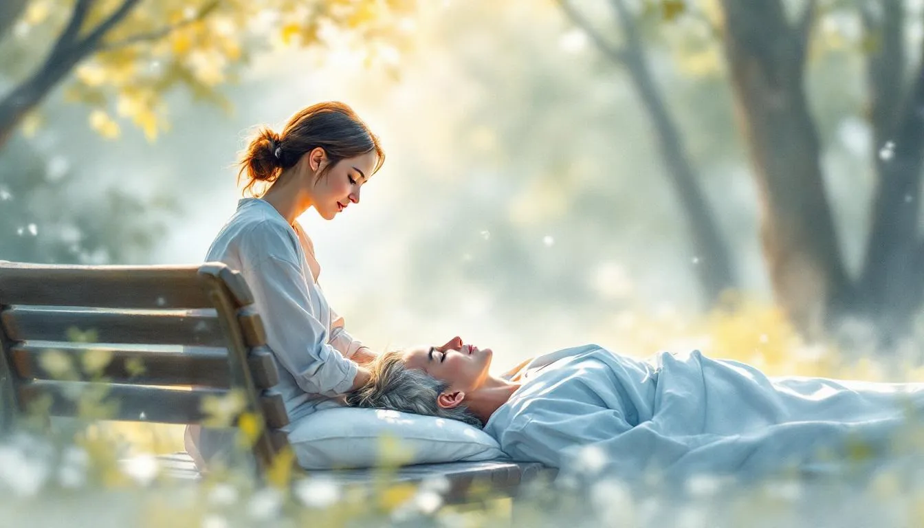 Ein Pflegekraft, die mit einem sterbenden Menschen spricht.