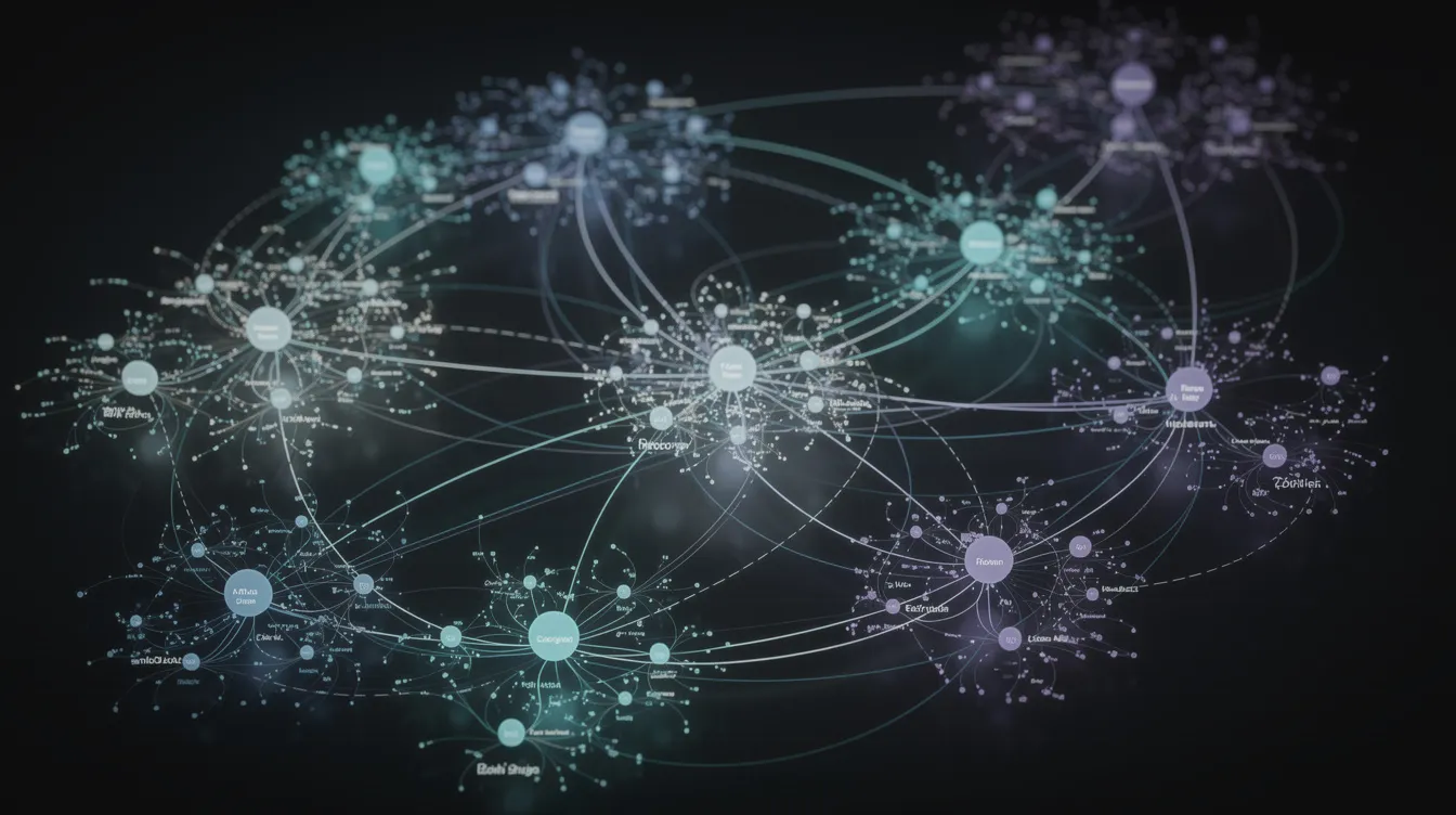The image depicts a vibrant network of interconnected glowing nodes, visually representing relationships between topics and entities, highlighting the importance of semantic SEO in helping search engines understand user intent and improve search engine rankings. This intricate design illustrates how structured data and keyword clustering can enhance search results and optimize web pages for better visibility in search engine results pages.