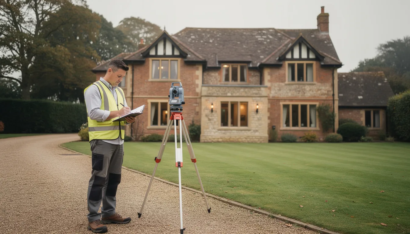 A professional surveyor is inspecting the exterior of a large country house, holding a clipboard and assessing its features. This property may require tailored cover under a high net worth home insurance policy to ensure it is properly covered against risks like theft and damage.