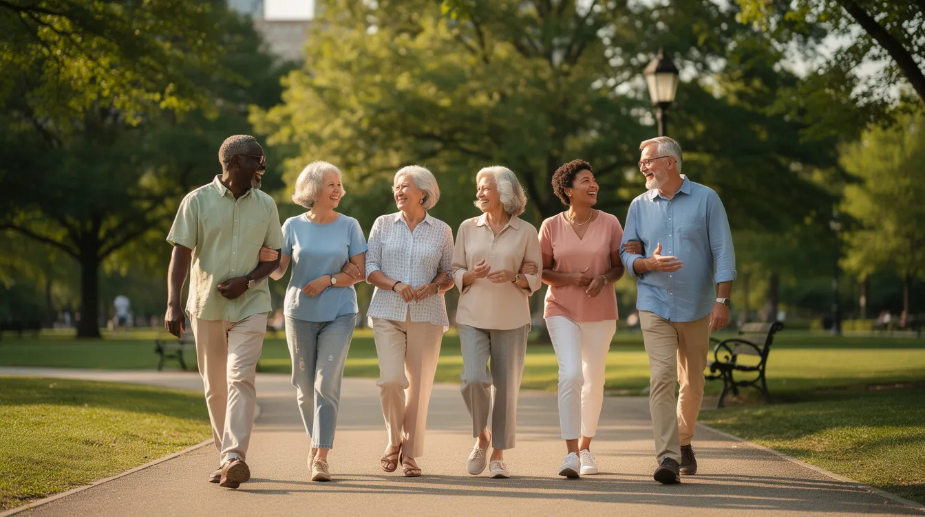 The image depicts a group of diverse older adults walking together in a park, showcasing a vibrant and healthy ageing process. Their engagement in physical activity reflects the positive effects of a healthy diet and active lifestyle on human health and longevity.
